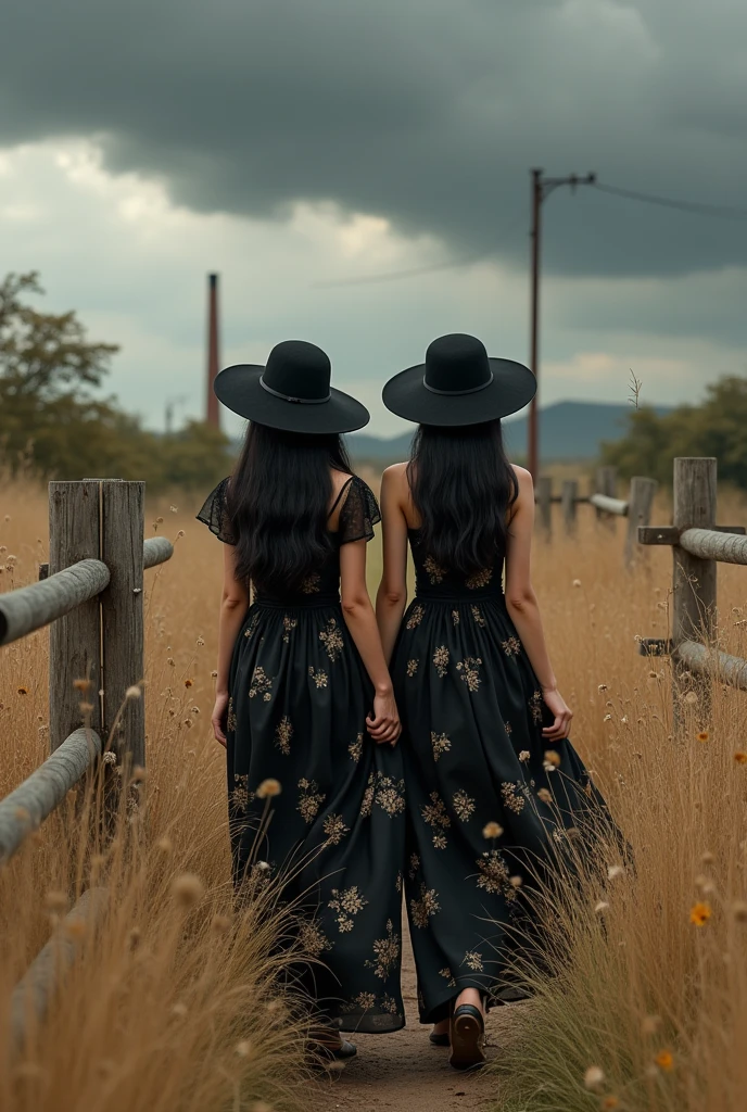 (photorealism:1.2), beautiful woman, original photo
original photo of two 34 year old curve Asian women with long black hair, wearing hat,wearing black floral dress, black shoes, walking with savanna background, tall dry wild grass, wooden fence stretching, rusty chimney, dark clouds