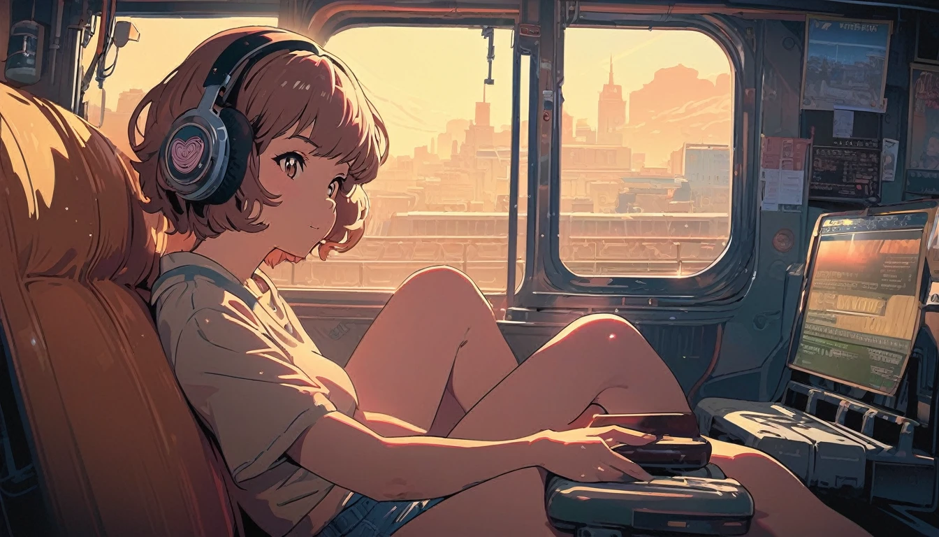 (extremely detailed CG unity 8k wallpaper), (best quality), (best illustration), (best shadow), realistic lighting, beautiful detailed reglow, masterpiece, best quality, lofi artstyle, lofi art, 80s anime style, Retro, Lo-Fi, 1girl, solo, short hair, brown hair, sitting, window, headphones, ground vehicle, train interior, anime