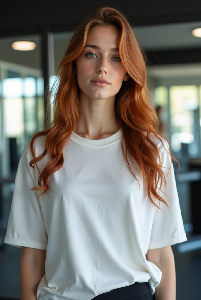 generate natural beautiful looking British female model for oversize t-shirt with gym background