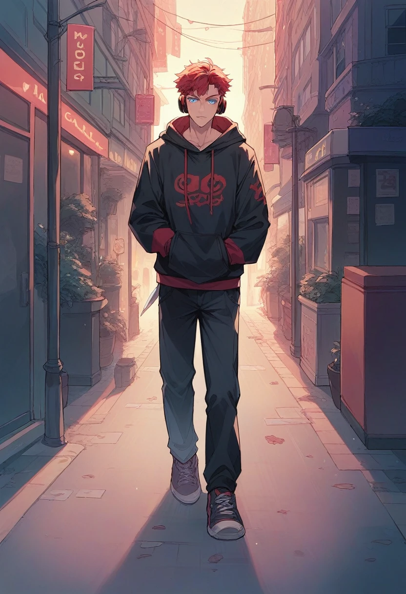 A boy with red hair with headphones in hoodie, black dress on full body,light blue eyes, dagger in hand,London city street in night, lighting effects