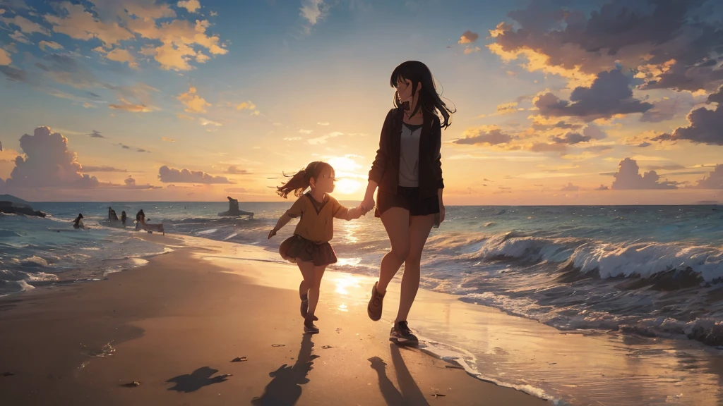 Mother and daughter at the beach one year later:
「Sandy beach at sunset。A woman in her 30s and a girl around  are walking hand in hand.。Their long shadows stretch across the beach。The shadow appears to be three。Warm colors」