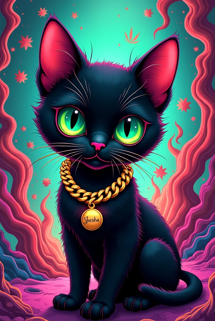 steampunk baby black cat with green. she is wearing gold hiphop chain Which reads "SHESHA" 420 artwork, retro psychedelic weed illustration, liquid, psychedelic artwork, in illustration style digital, extremely high quality artwork, estilo de arte impressionante, arte do Adobe Illustrator, visionary art style, psychedelic acid trip, estilo de arte vetorial, Psychedelic style nano-infused Vibrant colors, swirling patterns, abstract forms, surreal, trippy fluid
