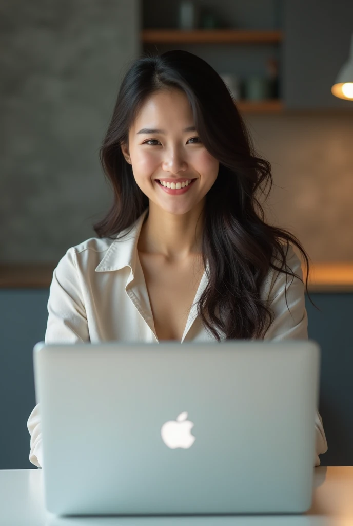 Create an image of an 18-year-old Asian businesswoman standing and working on a MacBook. She is smiling with a cute and charming face. The image is full-body, with a slightly revealing outfit, showcasing a youthful and modern appearance.