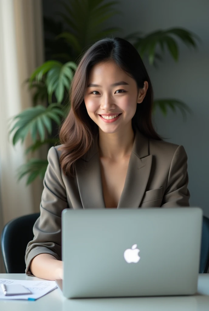 Create an image of an 18-year-old Asian businesswoman standing and working on a MacBook. She is smiling with a cute and charming face. The image is full-body, with a slightly revealing outfit, showcasing a youthful and modern appearance.