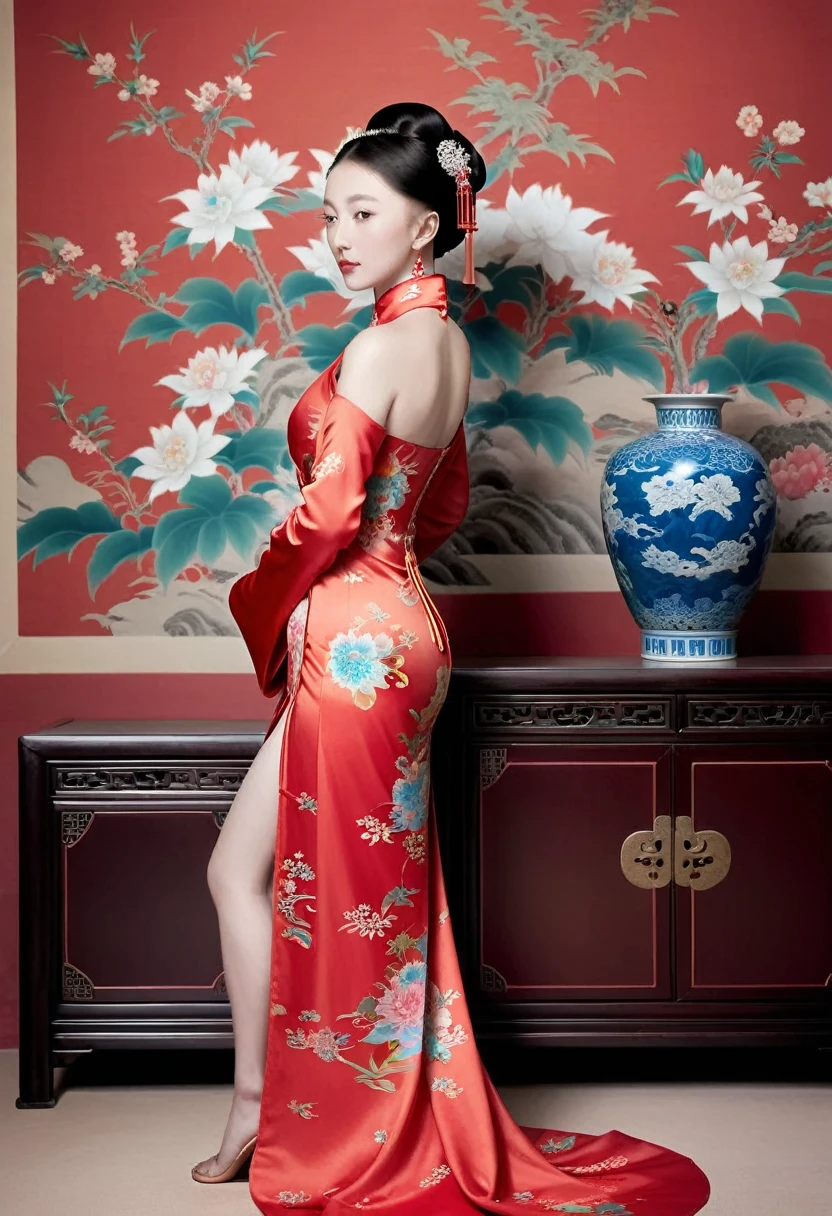 The empress of the Qing Dynasty is wearing a red floral patterned dress, completely naked, with her profile showing and her buttocks sticking out, posing in the luxurious palace of the empress of the Qing Dynasty.