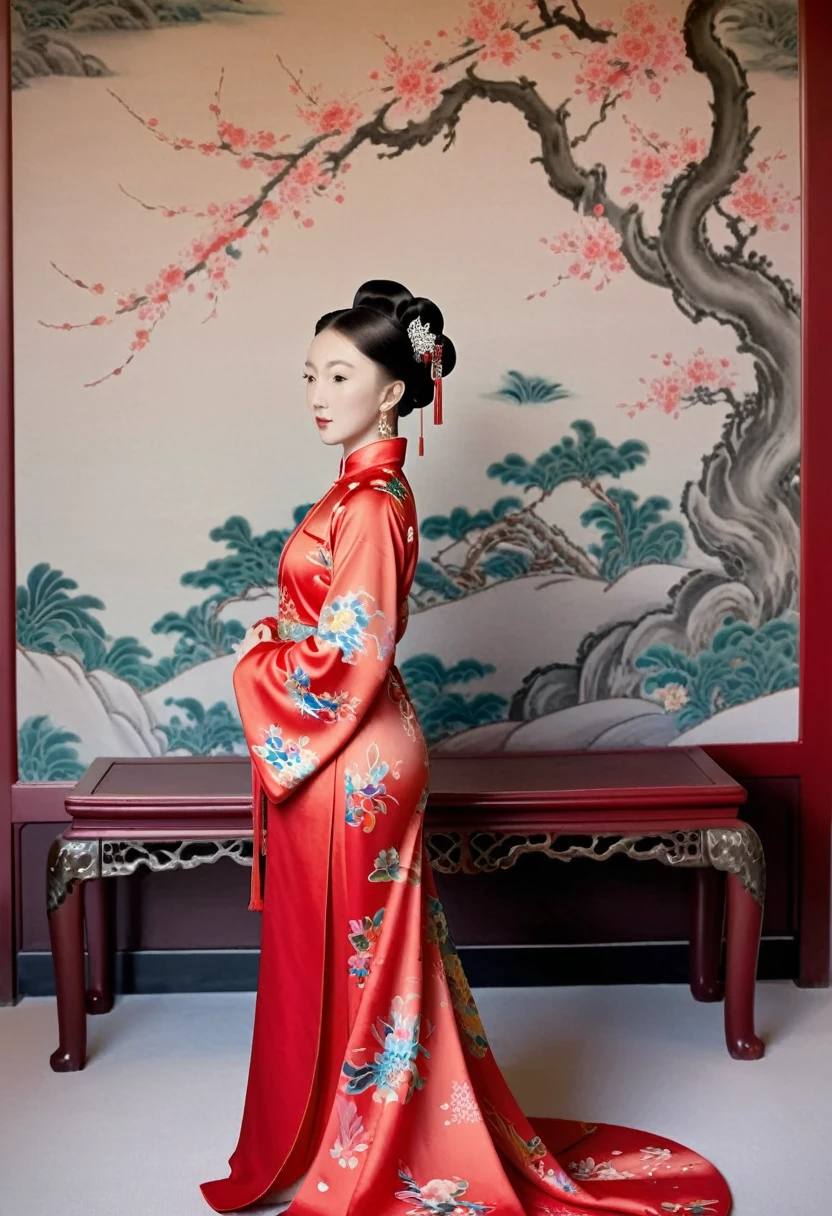The empress of the Qing Dynasty is wearing a red floral patterned dress, completely naked, with her profile showing and her buttocks sticking out, posing in the luxurious palace of the empress of the Qing Dynasty.