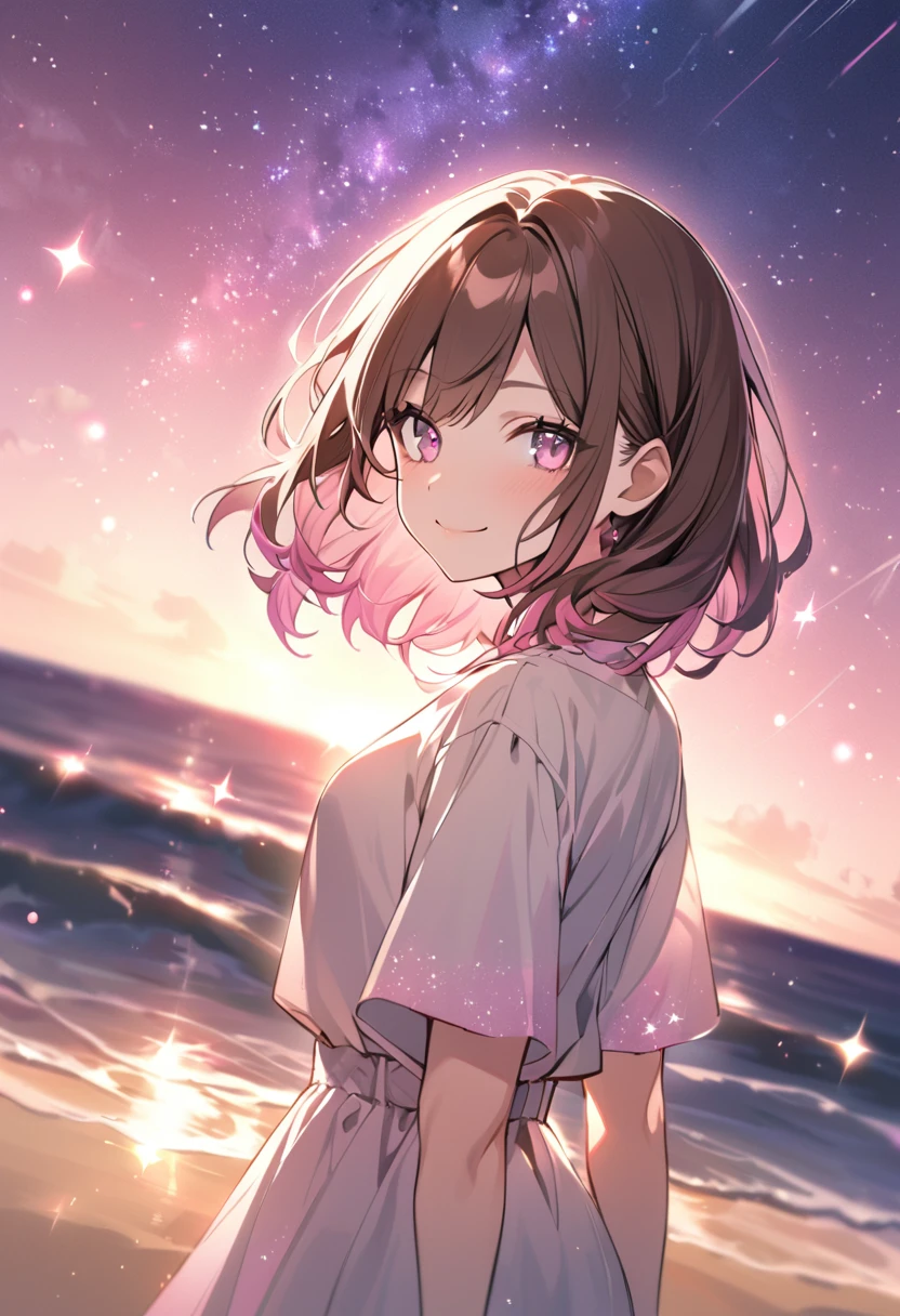 good looking, alone, 1 female, Medium Hair, Brown Hair, Pink highlights on the tips, Pale pink eyes,Smile Facial,Pink starry sky,Date Clothes,Short sleeve,Sandy Beach