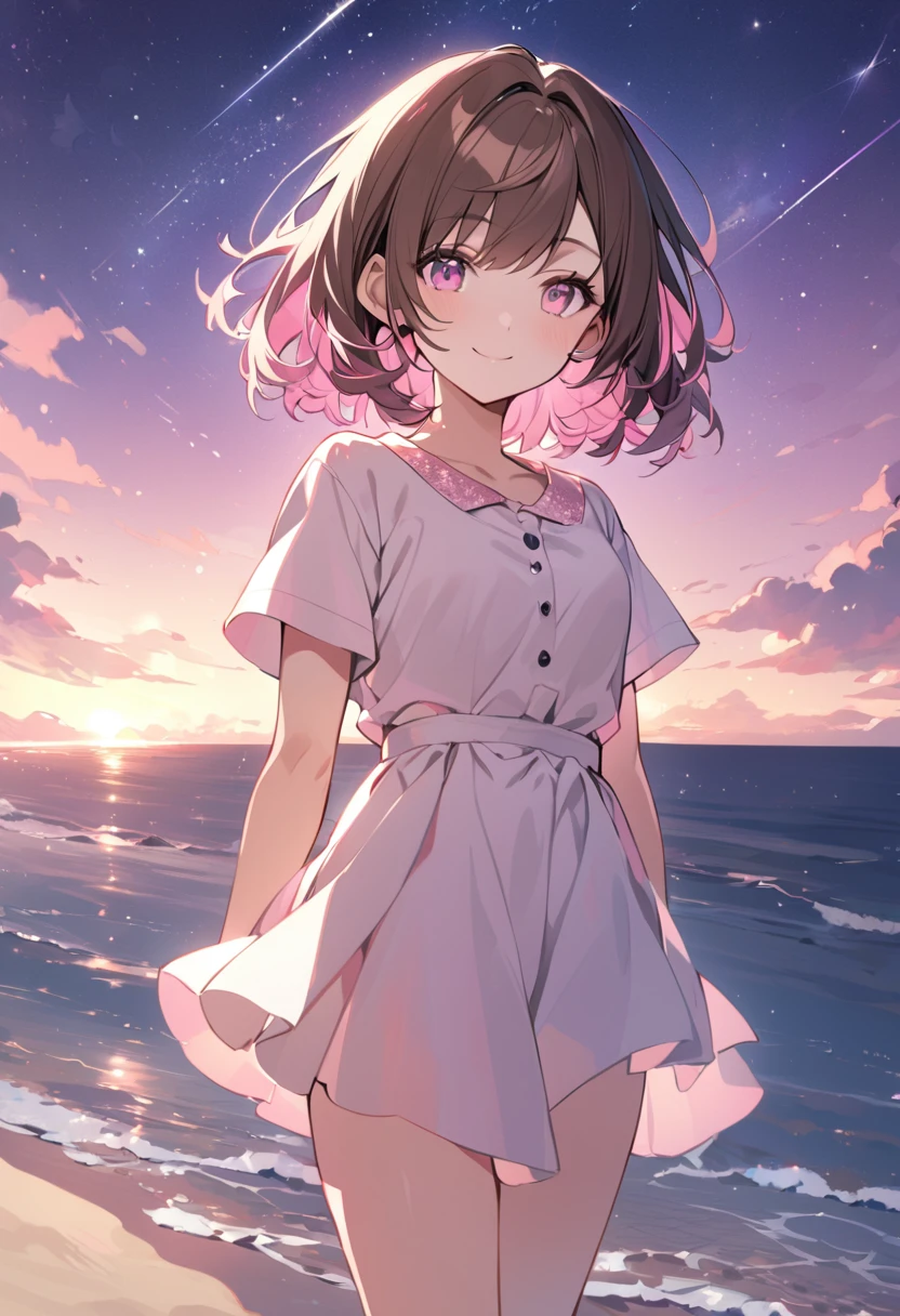 good looking, alone, 1 female, Medium Hair, Brown Hair, Pink highlights on the tips, Pale pink eyes,Smile Facial,Pink starry sky,Date Clothes,Short sleeve,Sandy Beach