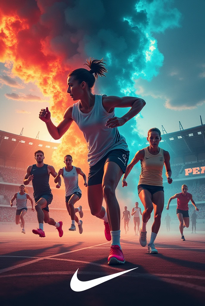 Make an advertising image, for Nike managing the sports offering and sportswear
