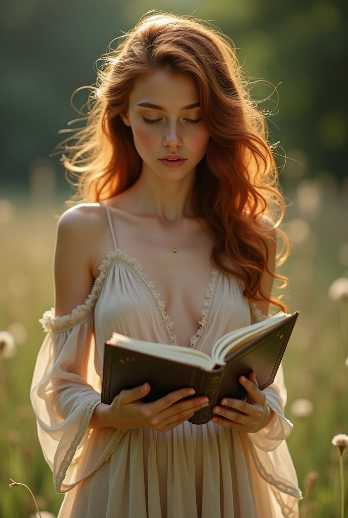 Beautiful girl with wavy long hair, bohemian dress, holding a book and naked