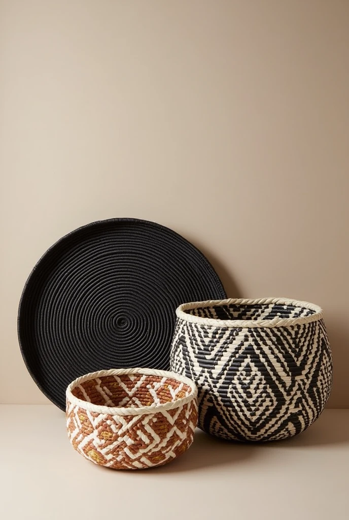 three woven baskets each colored black , brown and white