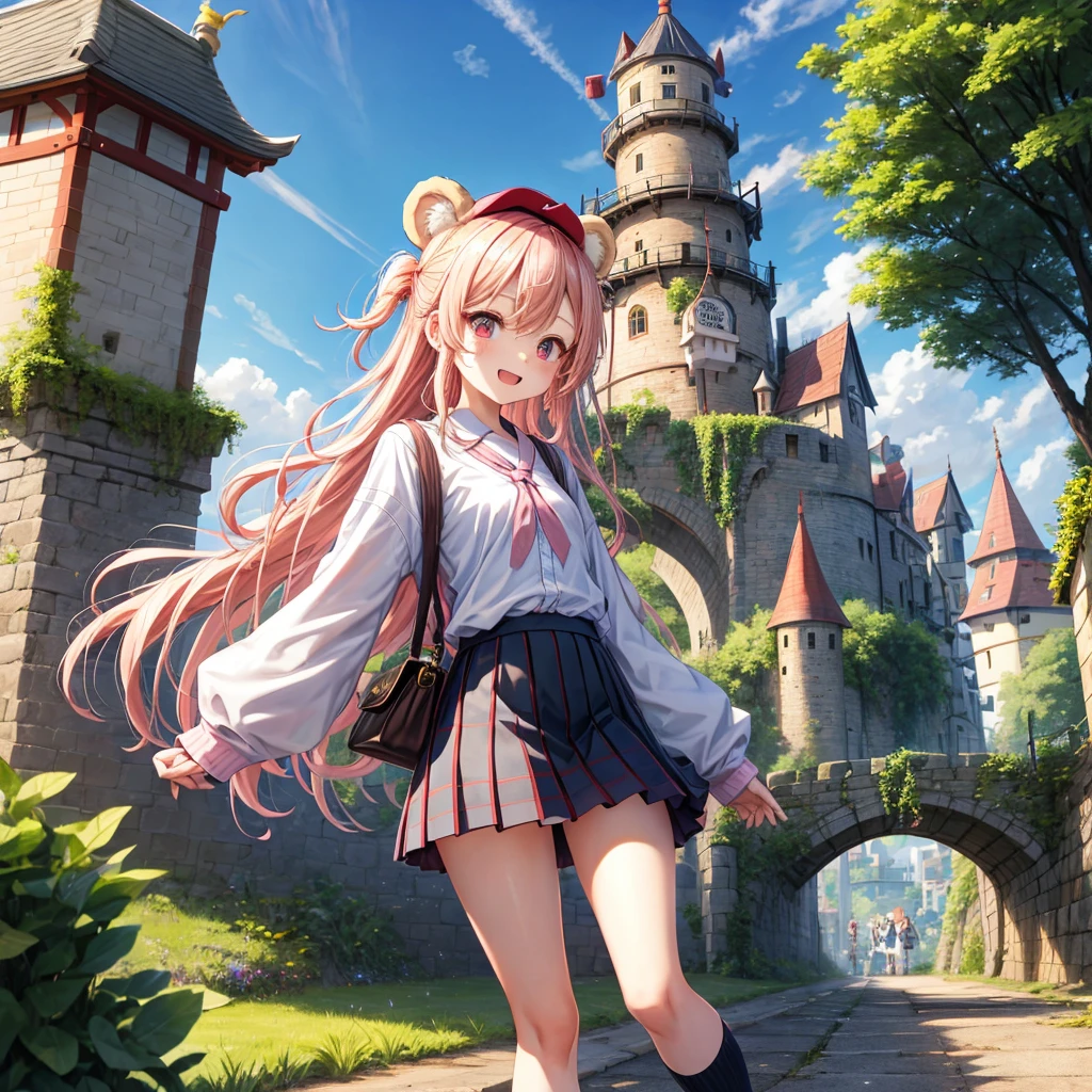 Pink Blonde、Red eyes、Wavy Hair、Hair tied up、Two cute、Checked mini skirt、black t-shirts、cardigan、Knee-high socks、bear ears baseball cap、Teeth are visible、Monster Castle、Tilting face、crossing the bridge、hazakura、windmill、grass、Stones are growing out of the ground.、A teddy bear is walking、Morning glory is blooming.、In front of the city gates、clock、Underground tunnels、Waterway、Small boat