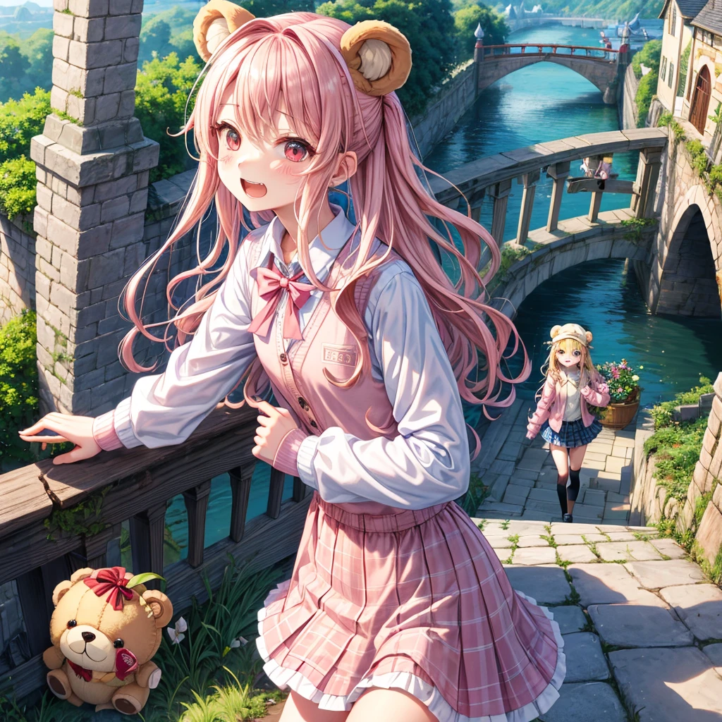 Pink Blonde、Red eyes、Wavy Hair、Hair tied up、Two cute、Checked mini skirt、black t-shirts、cardigan、Knee-high socks、bear ears baseball cap、Teeth are visible、Monster Castle、Tilting face、crossing the bridge、hazakura、windmill、grass、Stones are growing out of the ground.、A teddy bear is walking、Morning glory is blooming.、In front of the city gates、clock、Underground tunnels、Waterway、Small boat