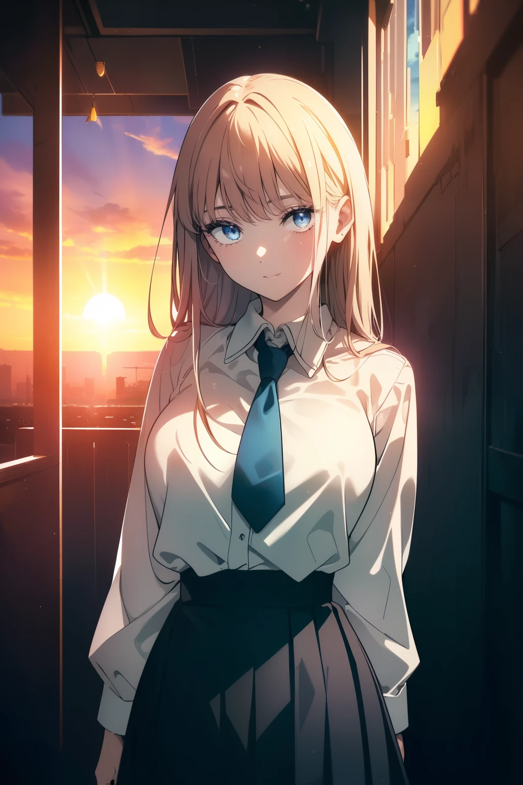 (((Obra maestra, La mejor calidad, ultrahigh resolution))), 1girl, standing, school uniform, white office shirt, black pleated skirt, ((light brown hair:0.7)), long hair cut, pale skin, ((blue eyes)), glowing_eyes, neon eyes, (((ultra detailed eyes, beautiful and detailed face, detailed eyes))), ((centered)), smile, ((wide shot)), facing viewer, eye level, (((sunset background, massive detailed sun behind subject))), flat chested, looking at viewer, ((half closed eyes)), ((perfect hands)), (((head, arms, hips, elbows, in view))), ((hands behind back)), empty eyes, beautiful lighting, outside, outdoors, shooting star:0.7, background, defined subject, 2, ((open scenery background))