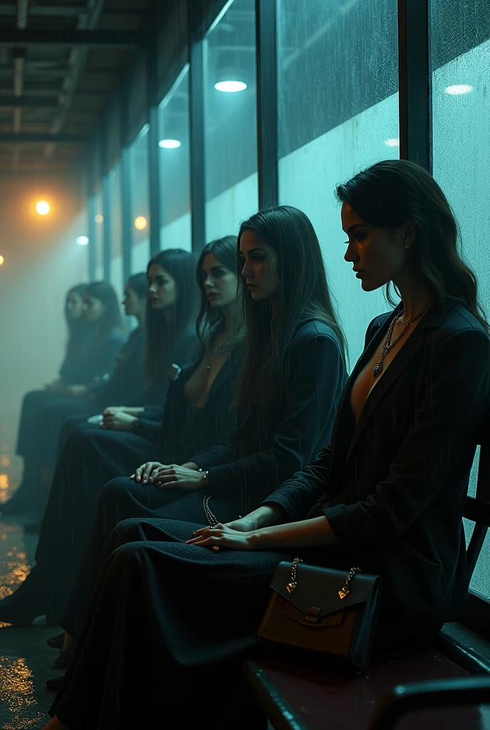 sexy women sitting in a bus station, hard rain, night, high white mist
