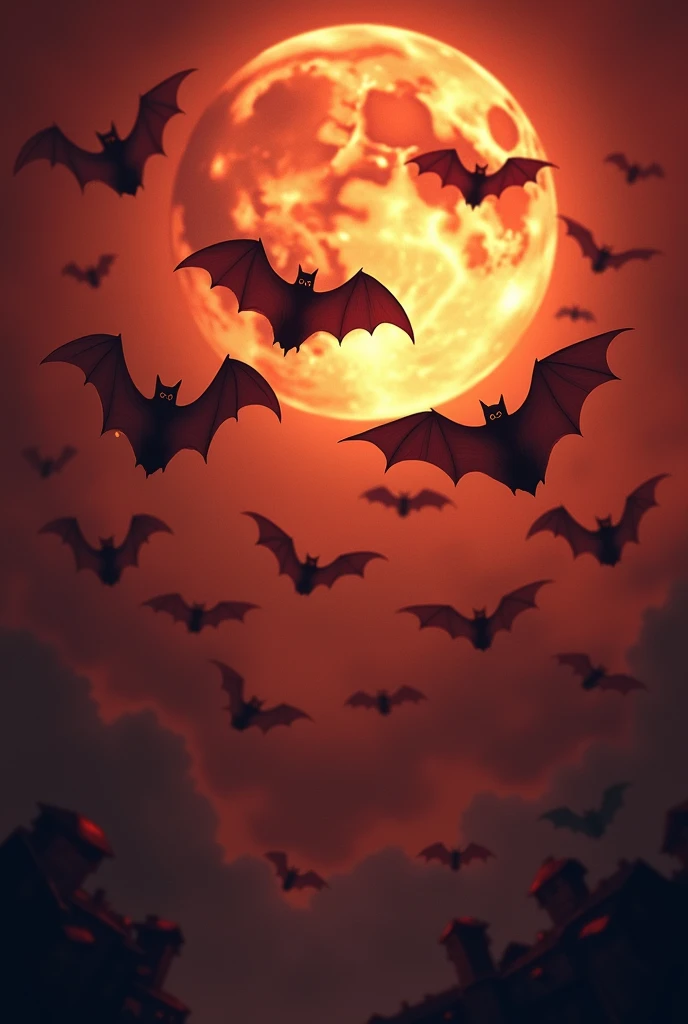 Bats on a night with a reddish sky and a bright moon

