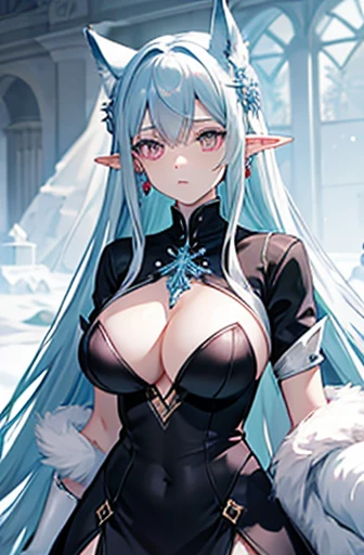 Anime, woman, long hair, pale blue hair, pink eyes, gently, earrings, big boob, wearing a black dress, beautiful, elegant, pure, fantasy, ice, snowflake, snow land, cool, noble, fur coat, elf, crystal, stay in thorn room,
