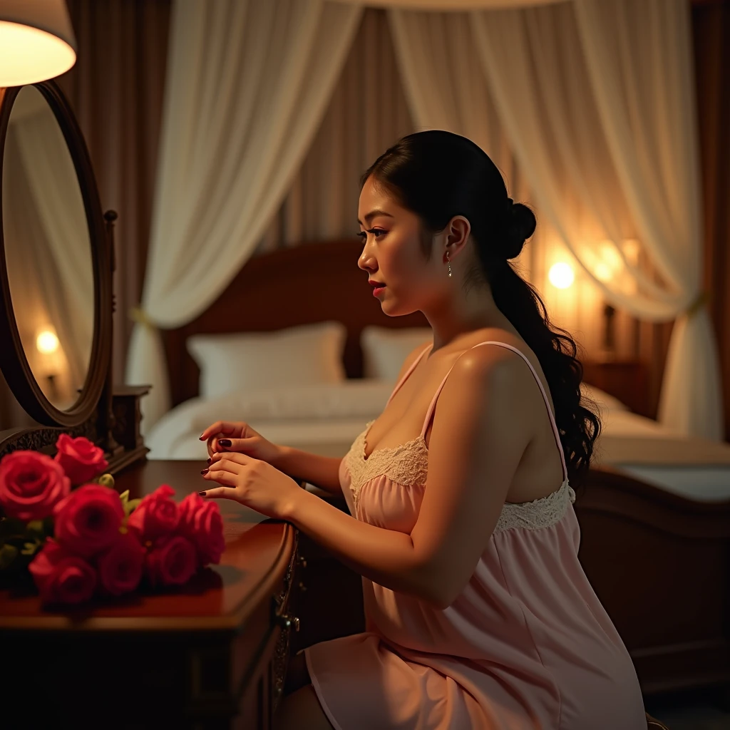 The indonesian woman, tied hair, huge breasted, wearing sleeveless knee-lenght nightgown.  sitting at the dressing table. The luxurious bedroom is decorated with red roses and a mosquito net with the night light as a background detail. Look at the viewer, natural light, realistic photography, wide angle shot from side.