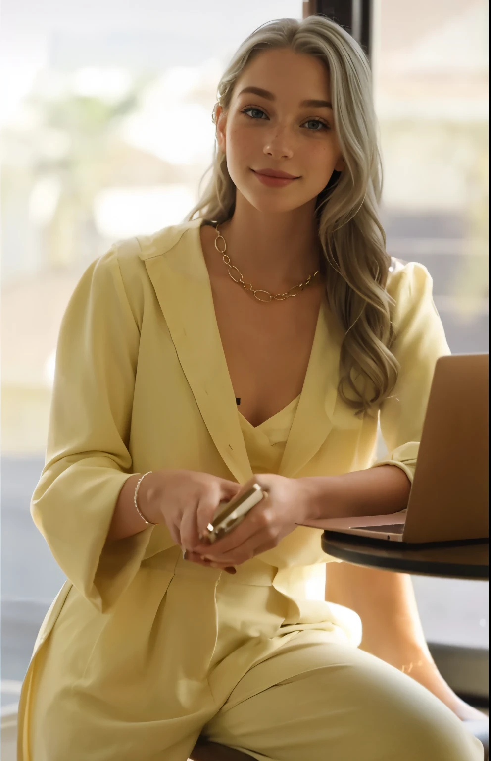 Face of a woman, americana, age 25, pale skin and freckles, grey-eyed, delicate nose, soft and delicate lips, Long Wavy Gray Blonde Hair, Sweet smile, cabelo solto e cheio