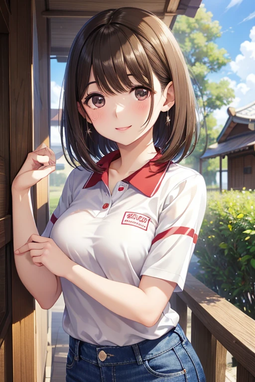 anegasaki nene、Shiny brown hair, short hair, (Beautiful brown eyes、Sparkling eyes, Fine grain)、smile、Ultra-detailed eyes、Highly detailed face, Highly detailed eyes,



masterpiece、High resolution、High resolution、high quality、High resolution、young woman、short hair、Beautiful Lips、A face of love、Smiling with teeth showing、((Red polo shirt、Denim pants))、、blue sky