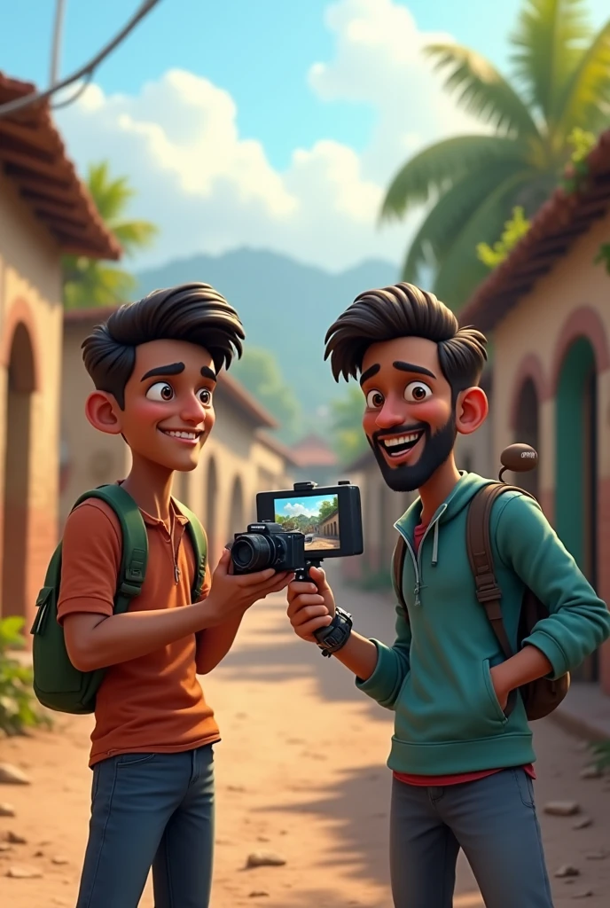 Camera , two guys gagan, vlog woth camera ,in village 