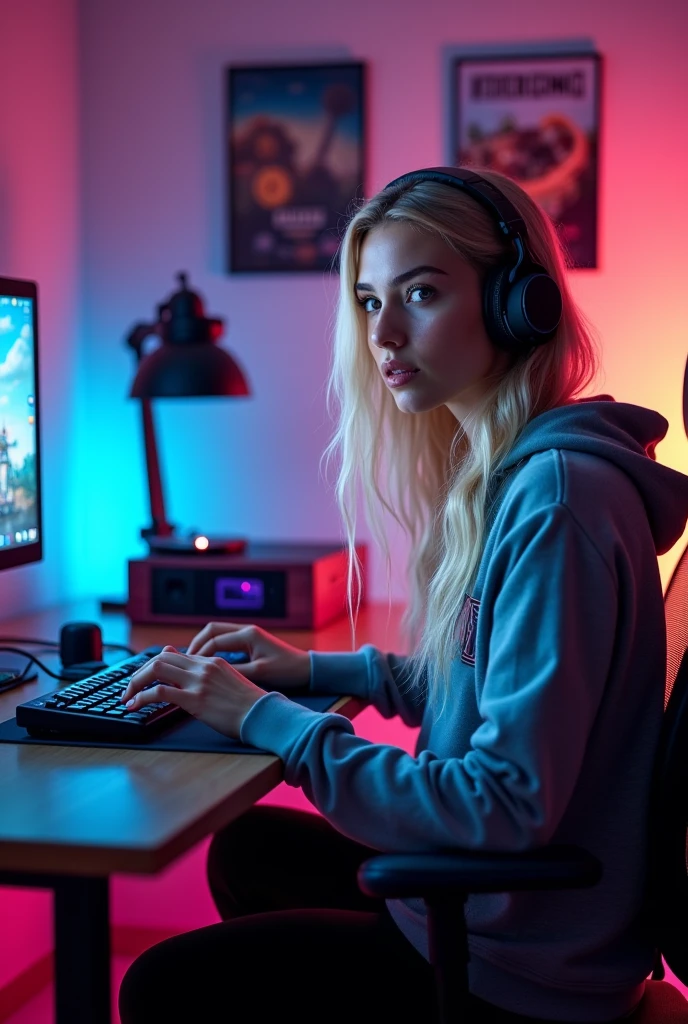 {Photorealistic, Amateur-style Photography} of a {fearless, attractive blonde young woman} sitting at her gaming desk, mid-action, as if she’s playing a game. She is leaning forward with a focused expression, hands on the keyboard, wearing casual gaming attire, such as a branded hoodie or gaming t-shirt. The gaming setup is the focal point, featuring a cohesive color palette with neon and pastel colors, LED lights illuminating the space, game posters in the background, and a stylish, comfortable gaming chair. The environment reflects both gaming culture and a feminine touch. The image is captured with an iPhone, highlighting the vibrant colors and detailed setup. {Realistic lighting}, {high resolution}, {natural shadows}.