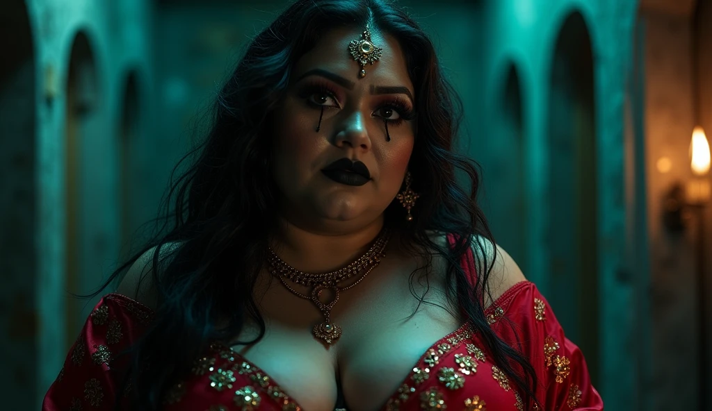 indian astrology,Looks like Aparna Dixit, full body Closeup shot, Big chubby aunty, milf, cougar lady witch, horny Gothic milf, 50 years old gorgeous mature lady, pervert demoness, demoness of lust, curvy, black lips, horny face, extremely gorgeous, thick figure, heavy physique, voluptuous, curvy, sexy figure, Fashionable portrait of androgynous alien looking witch wearing veil, glowing eyes, futuristic design, minimal details, givenchy, photoreal, 200mm, hd, f/ 2.0, highly detailed, surreal, sexy beautiful evil woman, sexy bold sequin Saree with strapless Bra, chudail, Pishachini, horror genre, blood-thirsty enchantress, powerful female spirit, eerie, drop dead, in the style of red and blue, (intricate details, hyperdetailed:1.15) (skin texture:1.2), dark Moody tone, cinematic lighting, haunted place in background, Fortune telling hall