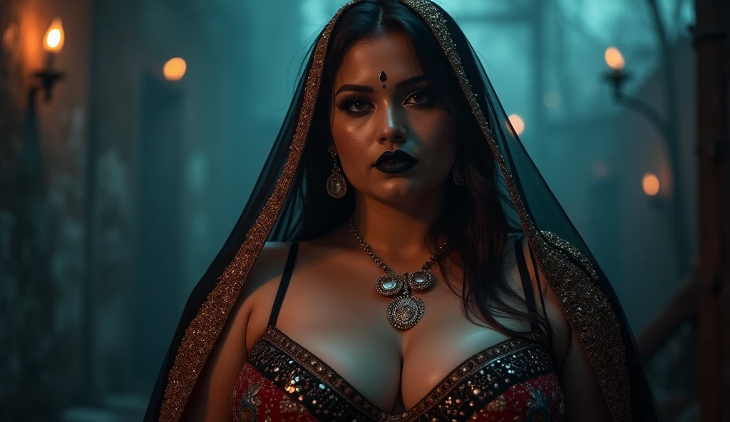 indian astrology,Looks like Aparna Dixit, full body Closeup shot, Big chubby aunty, milf, cougar lady witch, horny Gothic milf,  50 years old gorgeous mature lady, pervert demoness, demoness of lust, curvy, black lips, horny face, extremely gorgeous, thick figure, heavy physique, voluptuous, curvy, sexy figure, Fashionable portrait of androgynous alien looking witch wearing veil, glowing eyes, futuristic design, minimal details, givenchy, photoreal, 200mm, hd, f/ 2.0, highly detailed, surreal, sexy beautiful evil woman, sexy bold sequin Saree with strapless Bra, chudail, Pishachini, horror genre, blood-thirsty enchantress, powerful female spirit, eerie, drop dead, in the style of red and blue, (intricate details, hyperdetailed:1.15) (skin texture:1.2), dark Moody tone, cinematic lighting, haunted place in background, Fortune telling hall