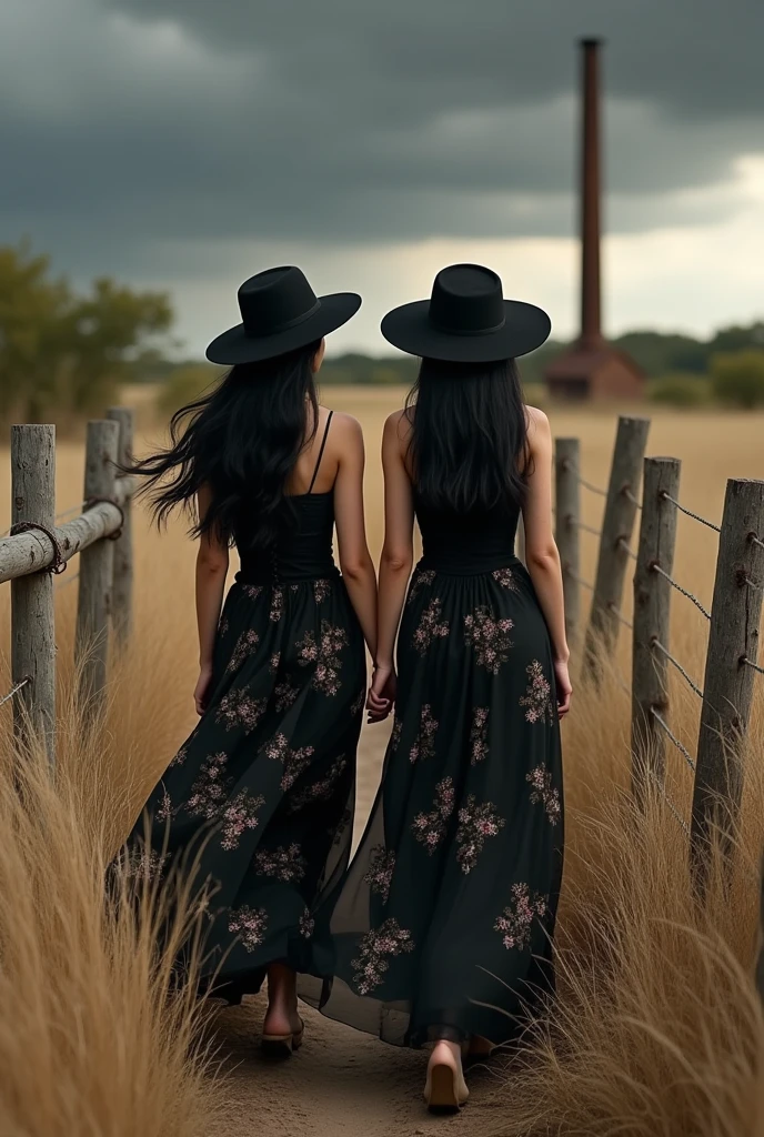 (photorealism:1.2), beautiful woman, original photo
original photo of two 34 year old curve Asian women with long black hair, wearing hat,wearing black floral dress, black shoes, walking with savanna background, tall dry wild grass, wooden fence stretching, rusty chimney, dark clouds