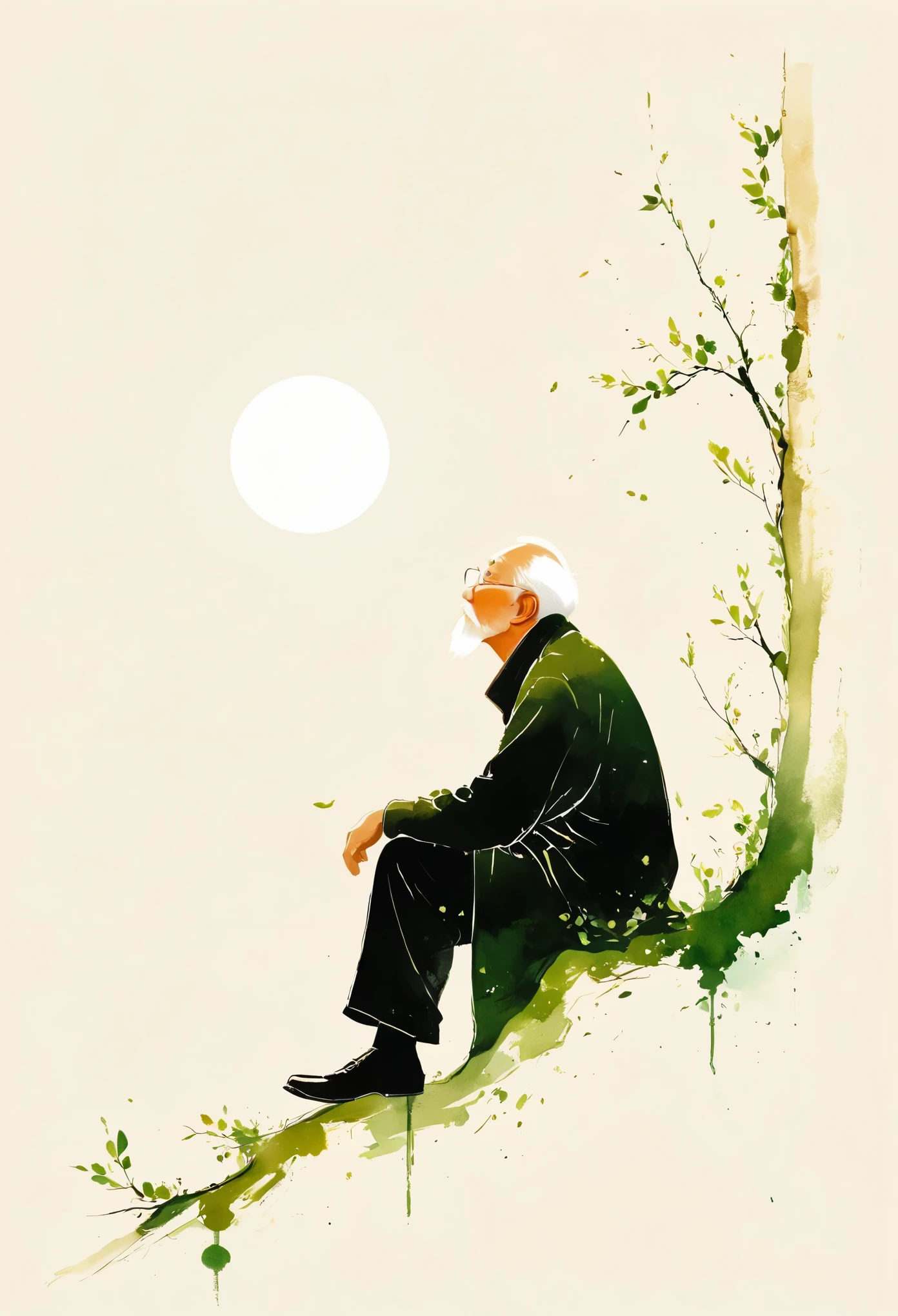 中国水墨画sketch：Light Ink，Lowercase，sketch，artistic conception，The old man looked up at the bright light.，Minimalism，(((Negative Space,Bottom left composition)))