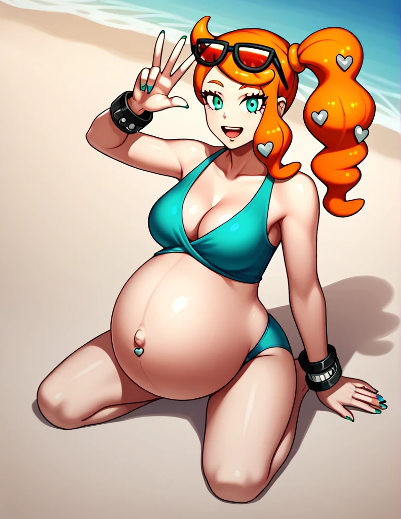 score_9, score_7_up BREAK solo,EPpkSonia,orange hair, side ponytail, aqua eyes, long hair, eyewear on head, sunglasses, heart hair ornament, pregnant , big belly, Belly button piercing, cleavage, bracelet, collarbone, blue panties, nail polish, aqua nails, aqua toenails, beach, Posing, happy, belly rubbing