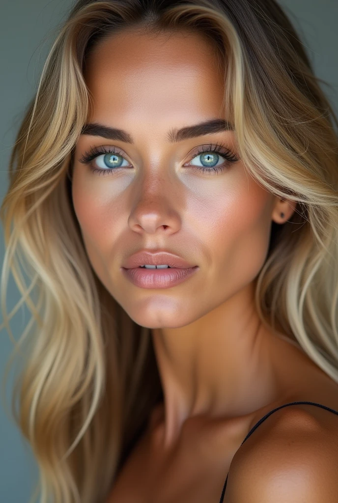 A 40-year-old Brazilian woman with blonde hair, blue eyes, and an exceptionally beautiful face.