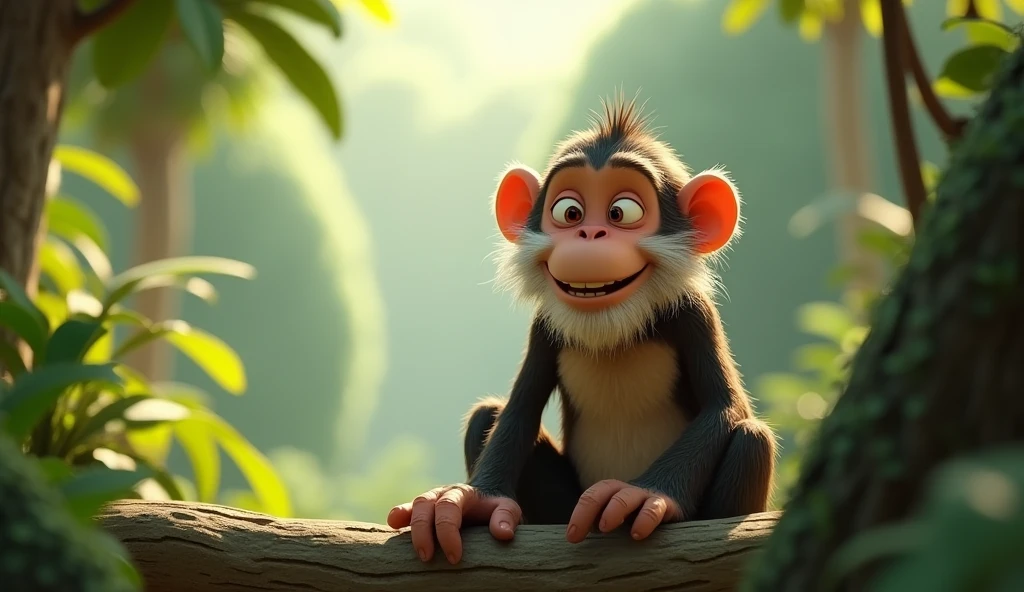 Create 3D cenametic cartoon animation of this prompt "Cut to a shot of the wise old monkey, smiling and proud
Wise monkey narrates the moral of the story"