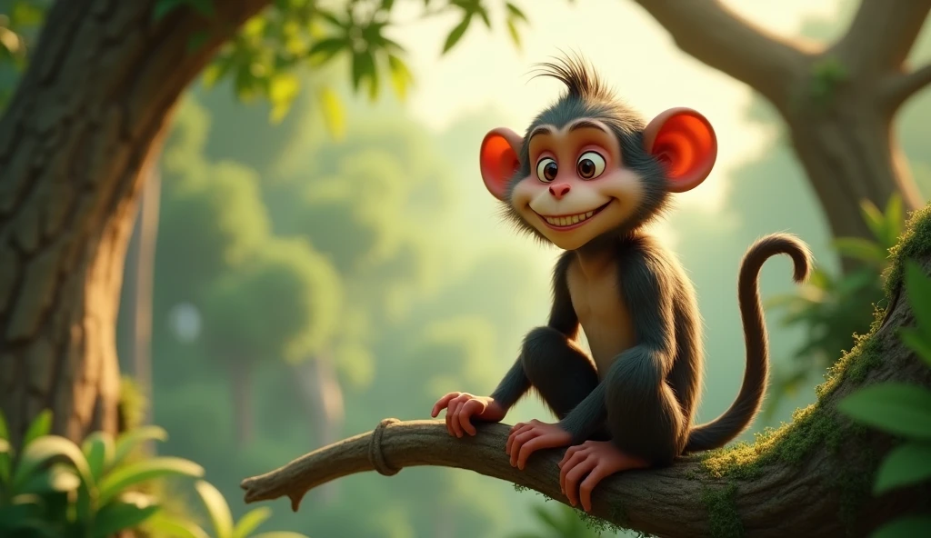 Create 3D cenametic cartoon animation of this prompt "Cut to a shot of the wise old monkey, smiling and proud
Wise monkey narrates the moral of the story"