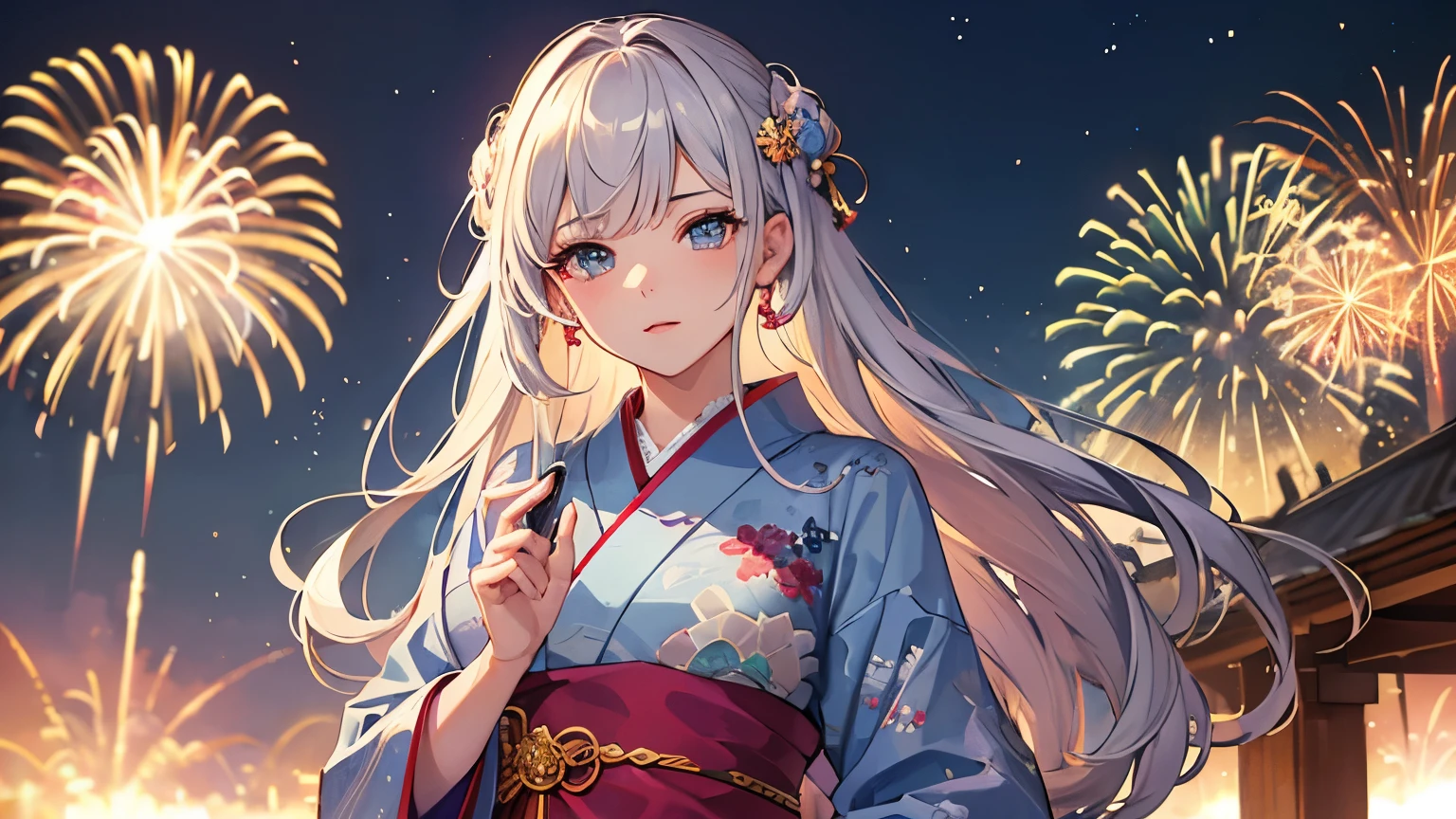 masterpiece,highest quality,(((Super Detailed Woman1))),Super detailed face,Super detailed eye,yukata,Sitting,day time,Fantasy,Calm,nebula,High resolution,(((firework)))