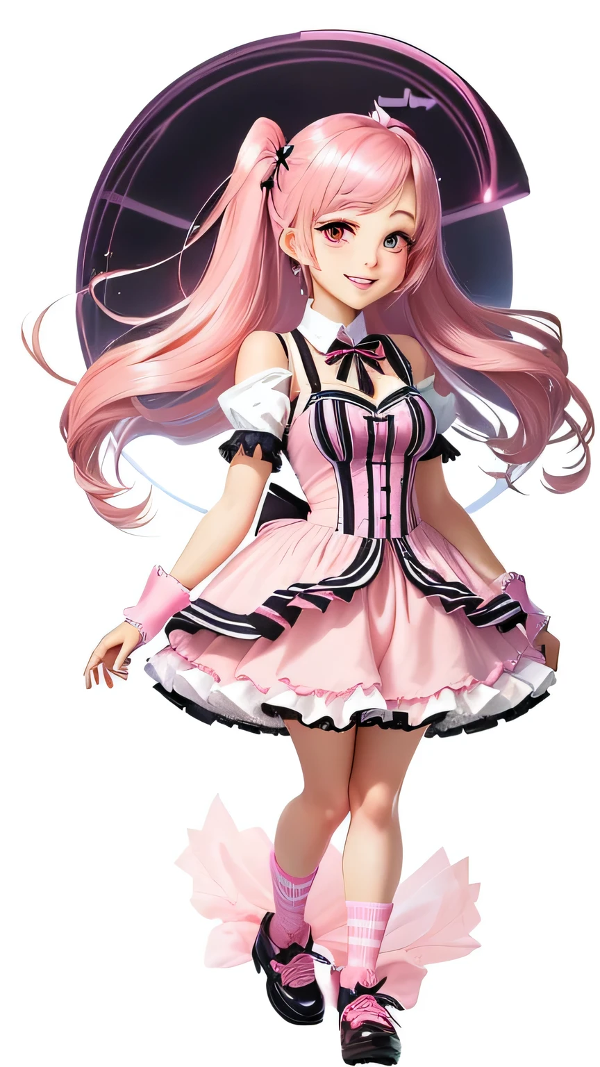 Cartoon girl in pink dress and striped socks, maid outfit, Wear a happy smile,Cute anime girl in a beautiful skirt, My dress up dear anime, !!Full body portrait!!, Maid costume, Game image, Screenshot of fashion game, Inspired by Sim Sa-jeong, The charming Tifa Lockhart, Full body fairy, Pink and white, Faye Valentine