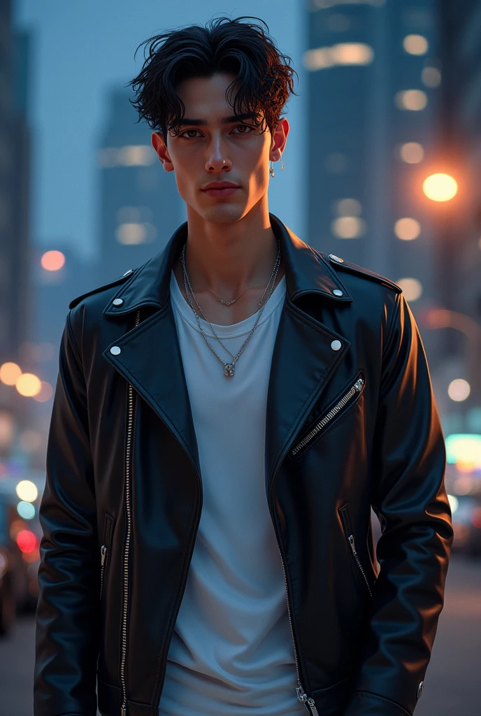 Since creating an image of Jeon Jungkook (a specific, named public figure) directly may raise issues, you can instead create a prompt for an image inspired by his appearance and style. Here's how you can phrase it:
*"A young man with dark, wavy hair styled in a slight undercut, wearing a sleek black leather jacket over a white t-shirt. He has a fit, lean build and is standing confidently in front of a modern cityscape at night. The city's lights reflect in his expressive brown eyes. His look is edgy yet sophisticated, with subtle piercings in his ears and a silver necklace around his neck. The atmosphere is cool and slightly mysterious, with a soft glow from the city lights."*
This prompt captures Jungkook's style and persona without directly naming him.