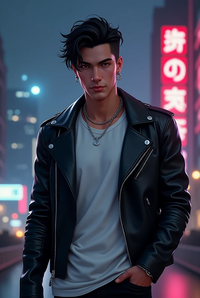 Since creating an image of Jeon Jungkook (a specific, named public figure) directly may raise issues, you can instead create a prompt for an image inspired by his appearance and style. Here's how you can phrase it:

*"A young man with dark, wavy hair styled in a slight undercut, wearing a sleek black leather jacket over a white t-shirt. He has a fit, lean build and is standing confidently in front of a modern cityscape at night. The city's lights reflect in his expressive brown eyes. His look is edgy yet sophisticated, with subtle piercings in his ears and a silver necklace around his neck. The atmosphere is cool and slightly mysterious, with a soft glow from the city lights."*

This prompt captures Jungkook's style and persona without directly naming him.