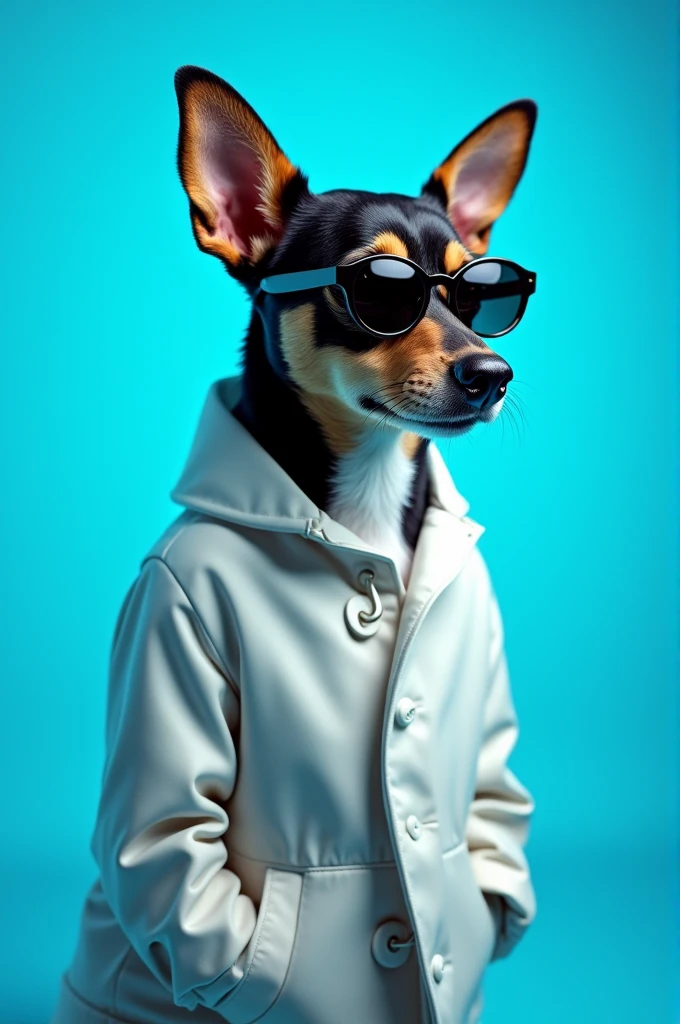The best cell phone wallpaper, Award-Winning Wallpaper, portrait photography, In the front view is a portrait of a cute dog wearing mid-1960s space age fashion, Side view photo, Shot with Canon EOS R5, Set a strong contrast that accentuates the subject, Fluorescent blue tone, Wearing a very modern coat and sunglasses is a modern 1960s style, Clothes all in one color, beautiful background