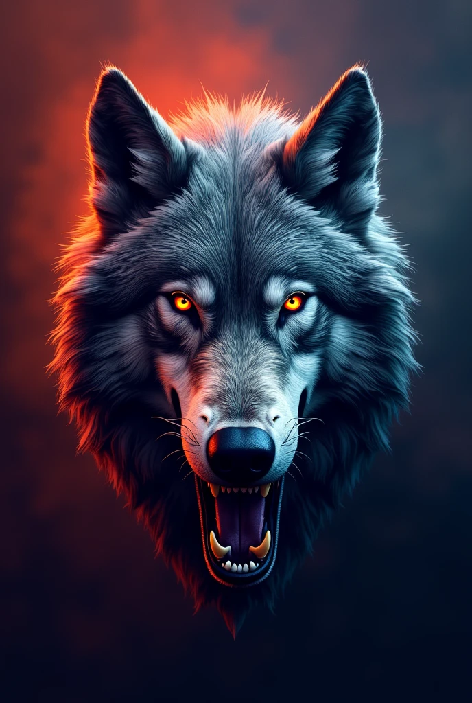 A clear wolf head logo with big fangs, open mouth, fang-like appearance, gray, as if legendary. A dominant image with many colors on a background suitable for a website logo.