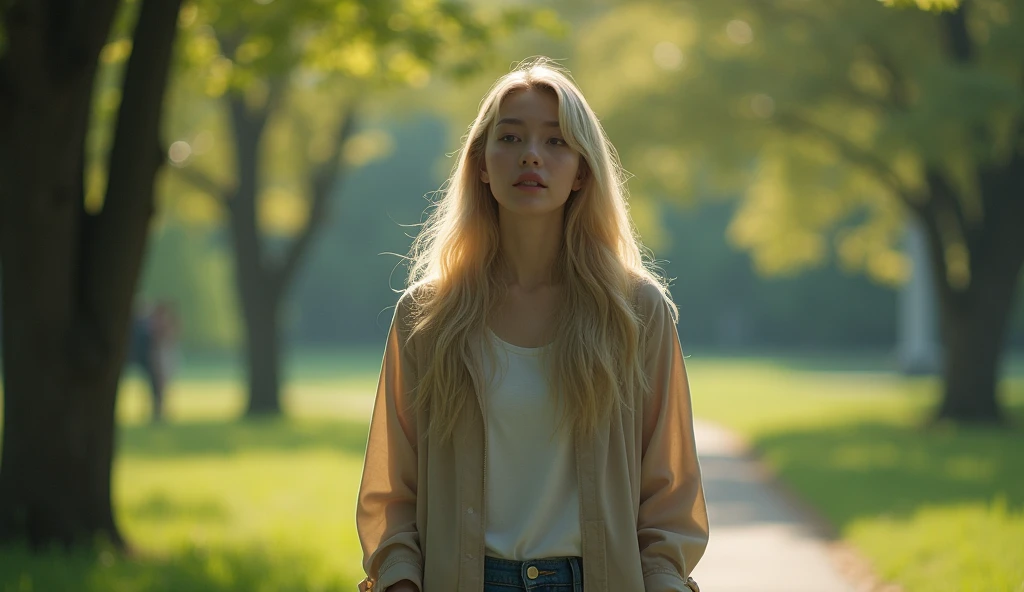 The beautiful Korean woman was walking alone in the park they usually visited together. Her blonde hair flowed beautifully in the morning sun, but her smile was gone. He saw another couple cuddling, and his heart felt empty, full of longing for the beautiful moments he had experienced with his lover.