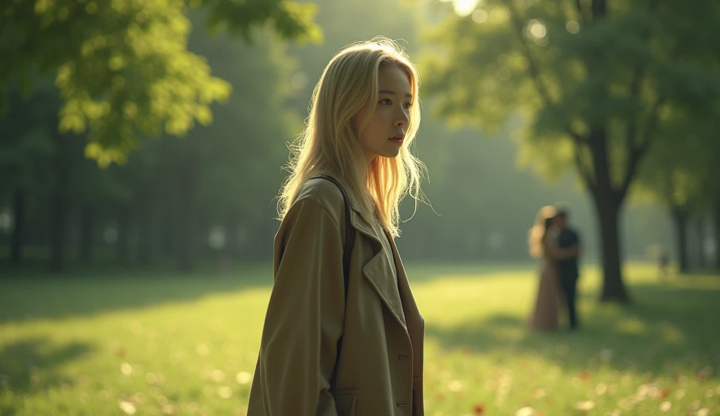 The beautiful Korean woman was walking alone in the park they usually visited together. Her blonde hair flowed beautifully in the morning sun, but her smile was gone. He saw another couple cuddling, and his heart felt empty, full of longing for the beautiful moments he had experienced with his lover.