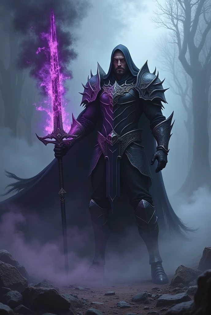 Dark paladin in the fog holdin sword covered in black and purple fire
