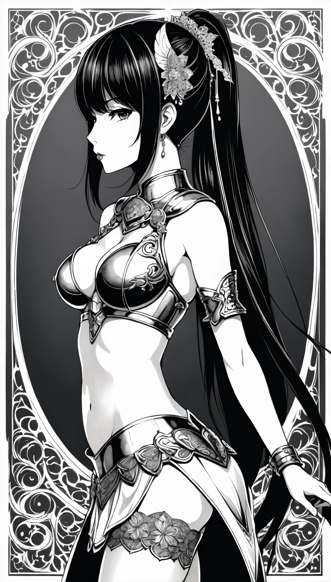 in style of Arthur Adams，in style of Aubrey Beardsley
 (1 girl ),Above the knee shot,from side,bikini_armor,see through fullbodystocking under the armor,(arm_held_back),(gravure_pose:1.8),high ponytail,incredibly long hair，small , 
BREAK 
(stand sideways:2.4),(mid breasts the viewer:2),(arm cross the ass:1.8),