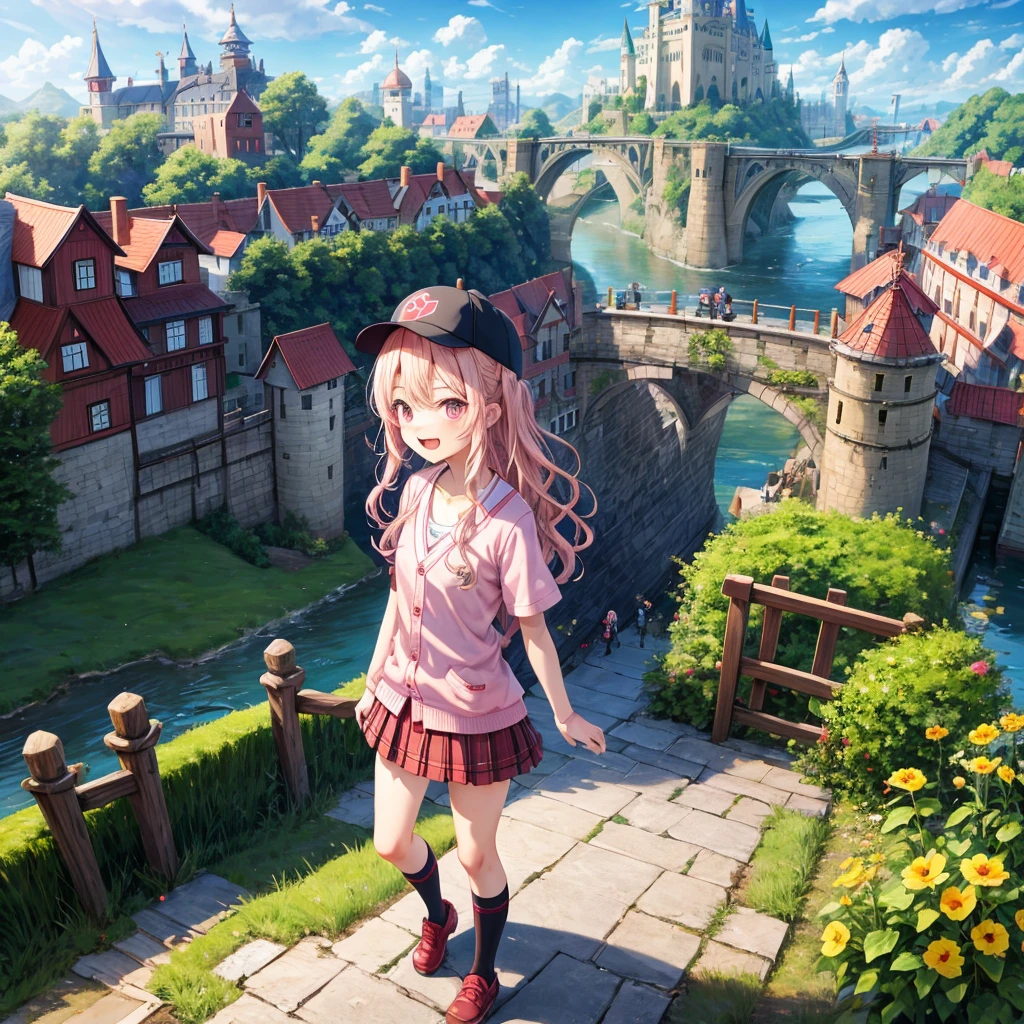 Pink Blonde、Red eyes、Wavy Hair、Hair tied up、Two cute、Checked mini skirt、black t-shirts、cardigan、Knee-high socks、bear ears baseball cap、Teeth are visible、Monster Castle、Tilting face、crossing the bridge、hazakura、windmill、grass、Stones are growing out of the ground.、A teddy bear is walking、Morning glory is blooming.、In front of the city gates、clock、Underground tunnels、Waterway、Small boat