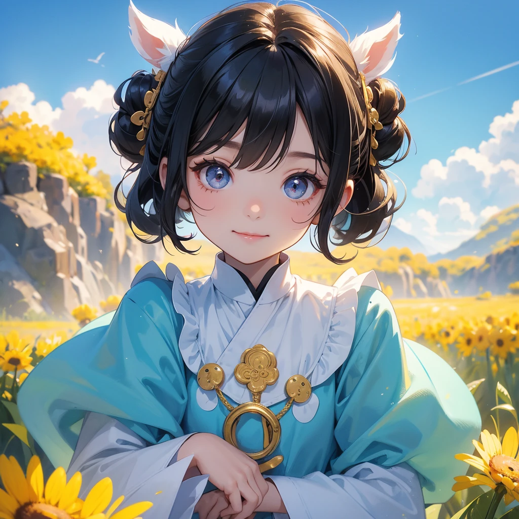 A chibi child girl had a small face and Wearing a little Taoist priest's outfit. A pair of big round eyes shone with curiosity about him. This child was so cute! her hair is black with two buns on her hair.small chibi, chibi baby, smiling ,Chibi.
Standing in the midst of a field of bright yellow gold fields, behind which are mountains, there are low clouds floating in the blue sky.