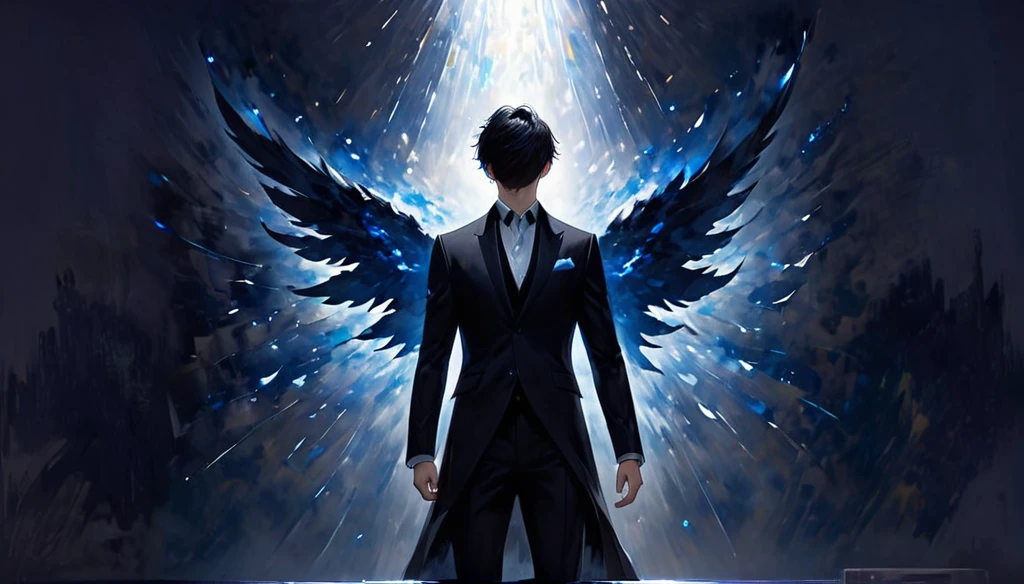 A handsome boy with jet black hair and eyes, in an elegant suit, while large black wings magnificently emerging from his back, with subtle blue glimmers, in the middle of a ballroom, alone, surrounded by darkness, Standing looking up with one arm raised trying to reach the light, dark background and alone