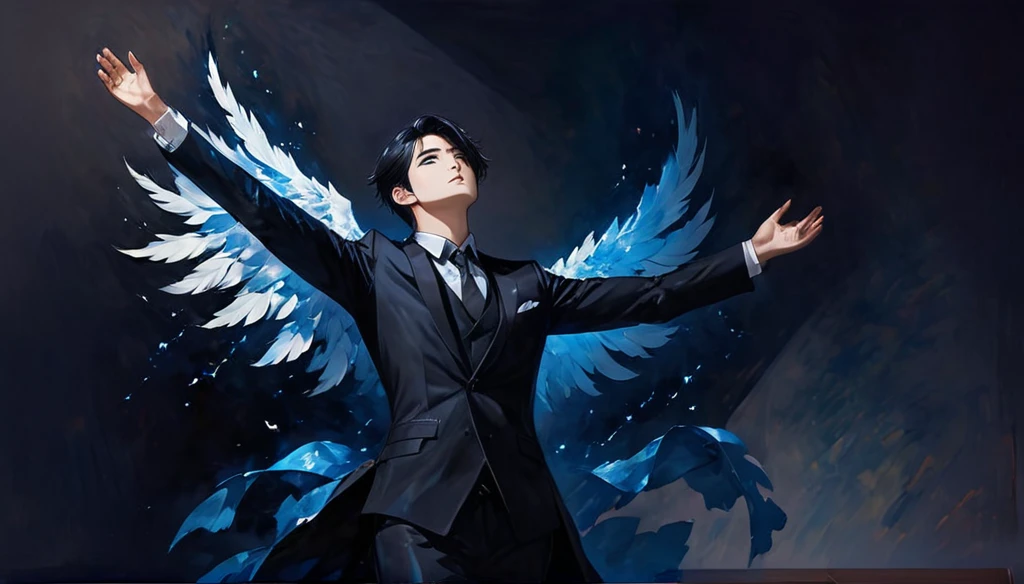 A handsome boy with jet black hair and eyes, in an elegant suit, while large black wings magnificently emerging from his back, with subtle blue glimmers, in the middle of a ballroom, alone, surrounded by darkness, Standing looking up with one arm raised trying to reach the light, dark background and alone