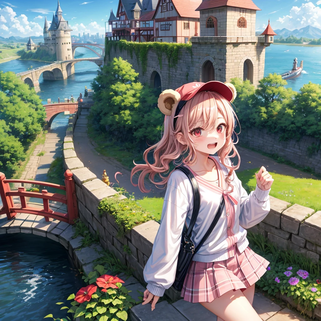 Pink Blonde、Red eyes、Wavy Hair、Hair tied up、Two cute、Checked mini skirt、black t-shirts、cardigan、Knee-high socks、bear ears baseball cap、Teeth are visible、Monster Castle、Tilting face、crossing the bridge、hazakura、windmill、grass、Stones are growing out of the ground.、A teddy bear is walking、Morning glory is blooming.、In front of the city gates、clock、Underground tunnels、Waterway、Small boat