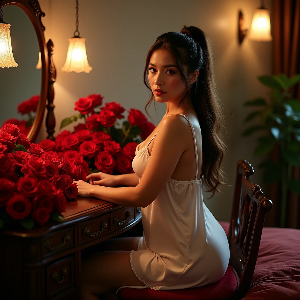 The indonesian woman, curvacious, tied hair, huge breasted, wearing sleeveless knee-lenght nightgown.  sitting at the dressing table. The luxurious bedroom is decorated with red roses and a mosquito net with the night light as a background detail. Look at the viewer, natural light, realistic photography, wide angle shot from side.